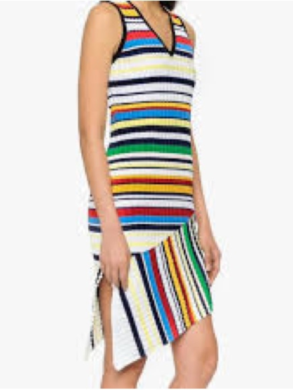 Milly Ribbed Sleeveless Multicolor Striped Knit Asymmetrical Dress Size L